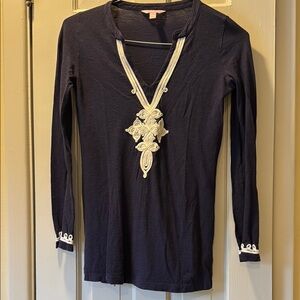 Lilly Pulitzer Blue and White Embellished Long Sleeve Blouse